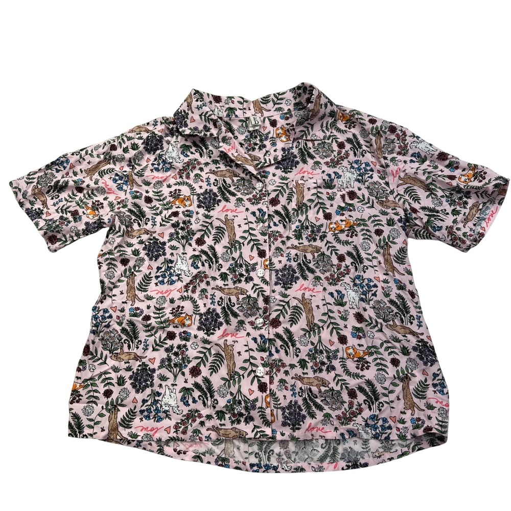 Flora Nikrooz Pink Botanical Cat Pajama Camp Shirt Medium Kitty Cats Feline Love